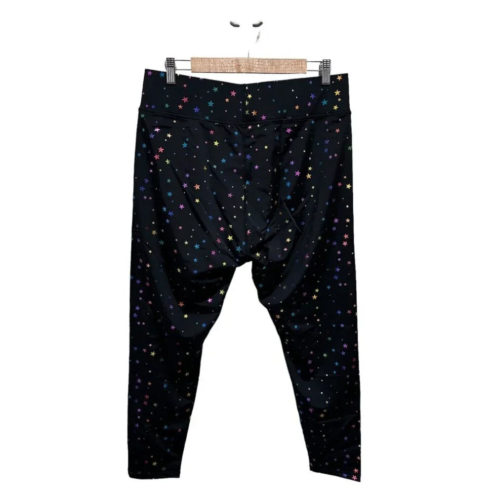 Terez Womens Plus Size 2X Black Mini Star Foil Print Wide Waistband Leggings NEW